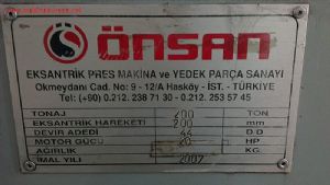 200 TON EKSANTRİK PRES - 2007 MODEL - TEMİZ ! ÖNSAN MARKA