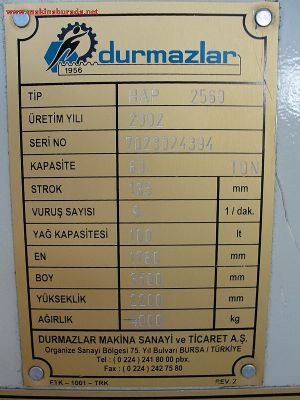 DURMAZLAR HİDROLİK GİYOTİN MAKAS 2500mm*60ton
