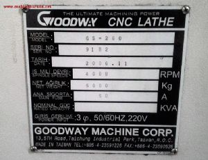 Satılık 2. El Goodway GS-260 CNC Torna Tezgahı